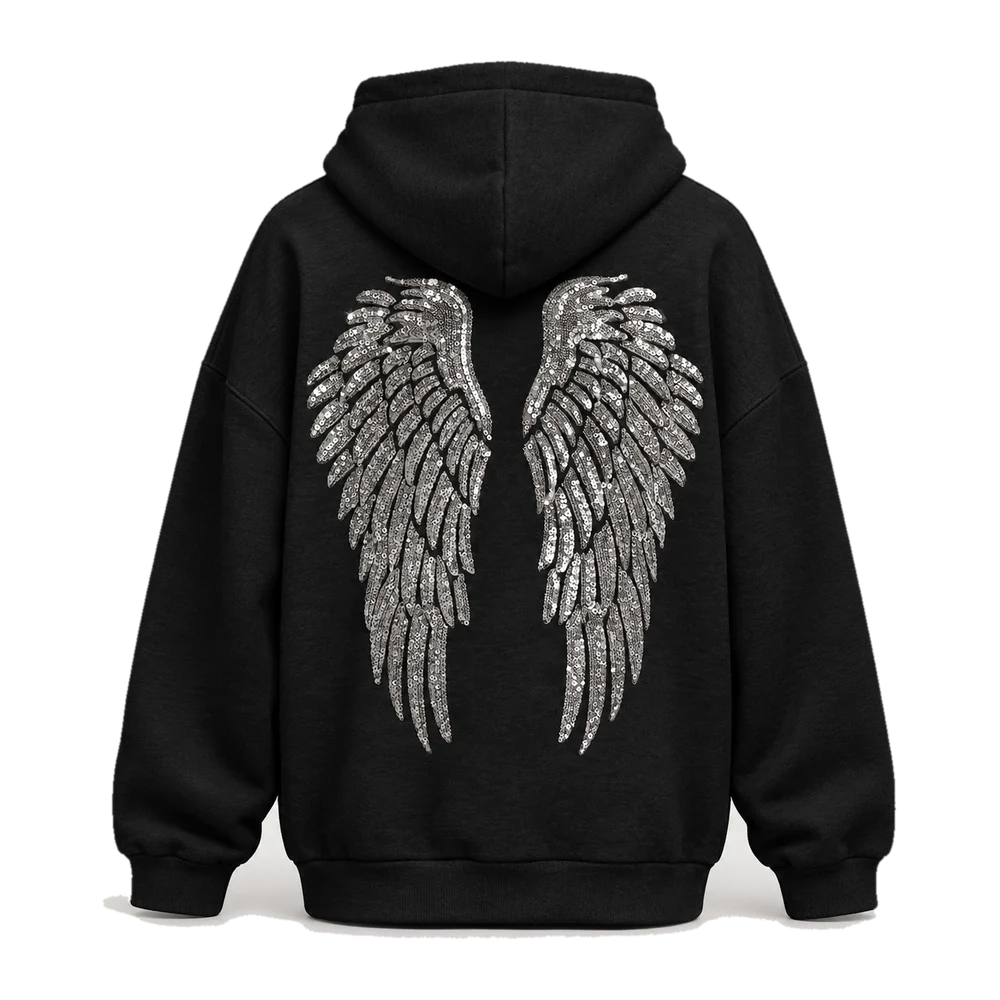 Hoodie Ailes d'ange noir, ailes argent, vu de dos