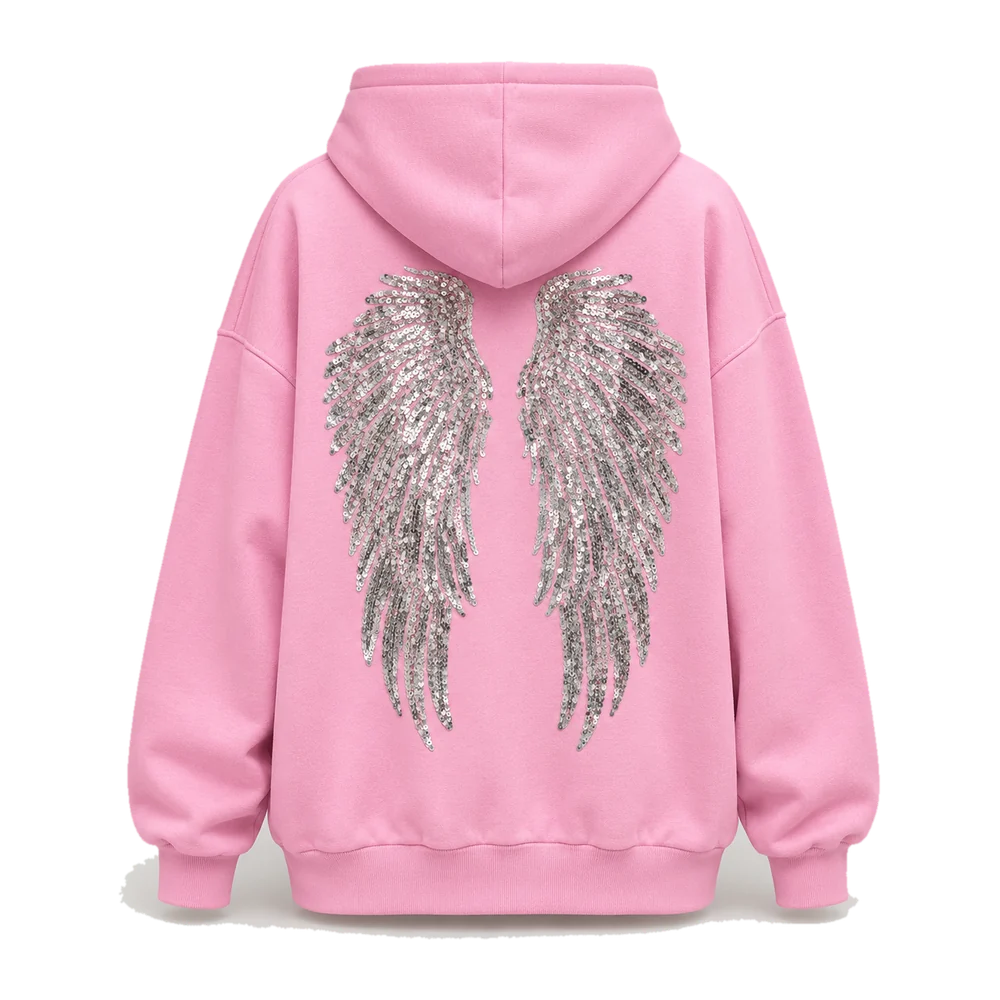 Hoodie Ailes d'ange rose, ailes argent, vu de dos